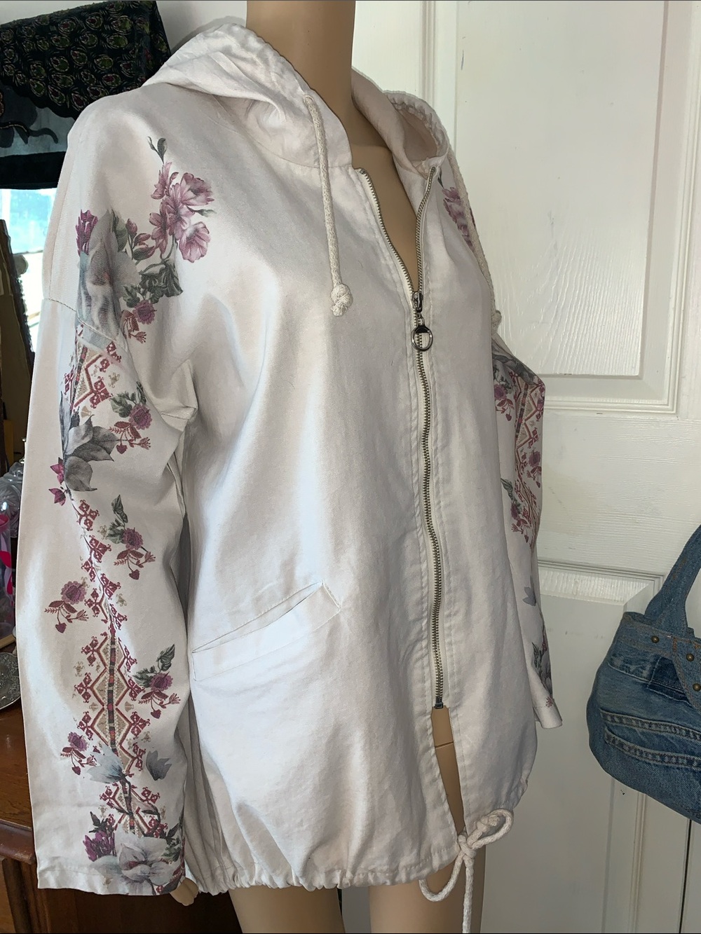 Vtg 90s Italian hooded floral cotton light jacket L - Picture 7 of 11